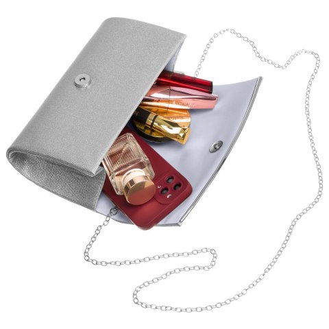 Srebrna kopertówka damska z tkaniny syntetycznej zawieszona na eleganckim łańcuszku - Rovicky