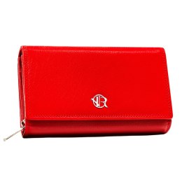 Duży skórzany portfel damski w czerwonym kolorze z wewnętrzną kieszonką na suwak - Rovicky