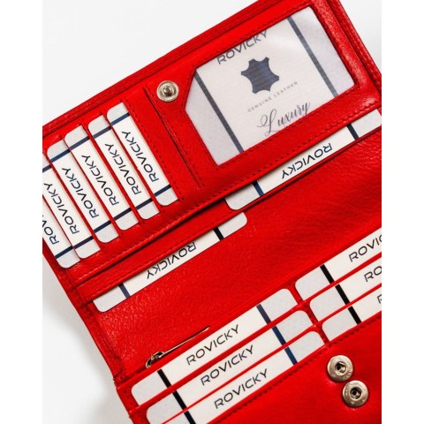 Pojemny, skórzany portfel damski o klasycznym designie w czerwonym kolorze - Rovicky