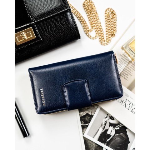 Portfel damski ze skóry ekologicznej zamykany na zatrzask i suwak. Portfel w granatowym kolorze - Peterson