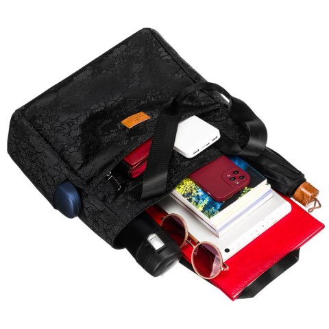 Czarny shopper damski z poliestru zawieszony na wygodnych uchwytach z zewnętrzną kieszonką na suwak - Rovicky