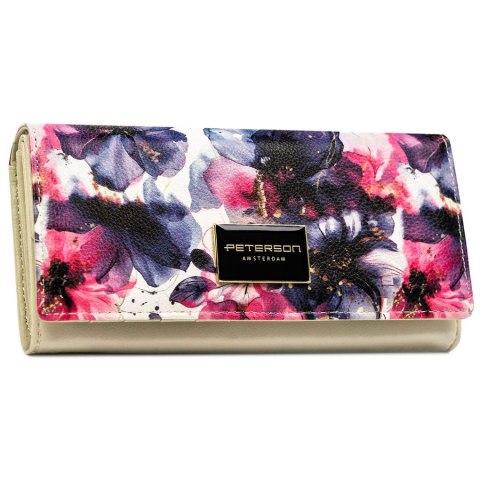Elegancki portfel damski w kwiaty wykonany ze skóry naturalnej i ekologicznej zamykany zatrzaskiem - Peterson