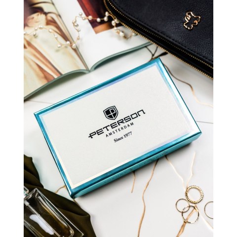 Portfel damski w kwiaty wykonany ze skóry naturalnej i ekologicznej, zamykany na zatrzask i suwak - Peterson