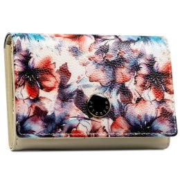 Portfel damski w kwiaty wykonany ze skóry naturalnej i ekologicznej, zamykany zatrzaskiem - Peterson