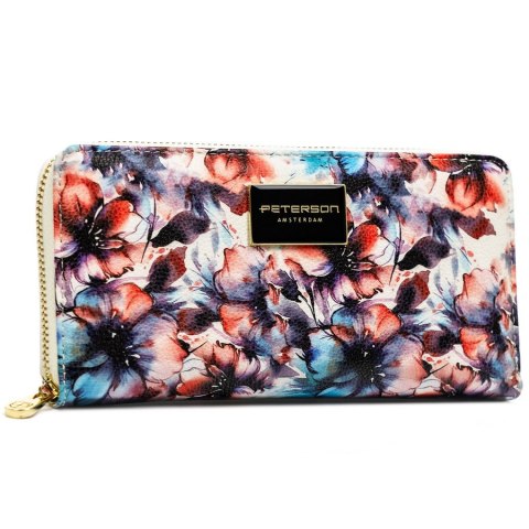 Portfel-piórnik damski w kwiaty wykonany ze skóry naturalnej i ekologicznej zamykany suwakiem - Peterson