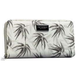 Szary portfel damski w typie piórnika w roślinny wzór, wykonany ze skóry naturalnej i ekologicznej - Peterson