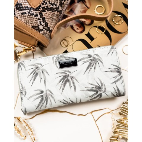 Szary portfel damski w typie piórnika w roślinny wzór, wykonany ze skóry naturalnej i ekologicznej - Peterson