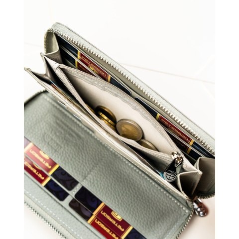 Szary portfel damski w typie piórnika w roślinny wzór, wykonany ze skóry naturalnej i ekologicznej - Peterson