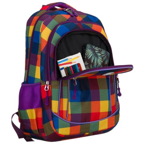 Plecak szkolny w kratę odszyty z poliestru, zawieszony na regulowanych szelkach - Peterson