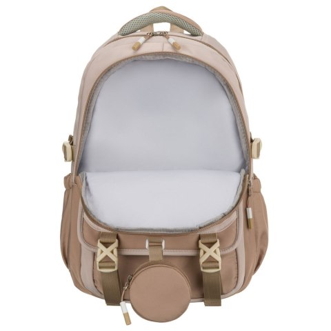 Praktyczny plecak szkolny z poliestru w beżowym kolorze z dodatkową saszetką i miejscem na bidon - Peterson