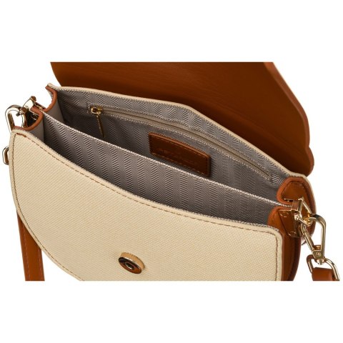 Mała torebka damska w kształcie podkówki w kolorach ecru i brązowym, zamykana klipsem magnetycznym - Peterson