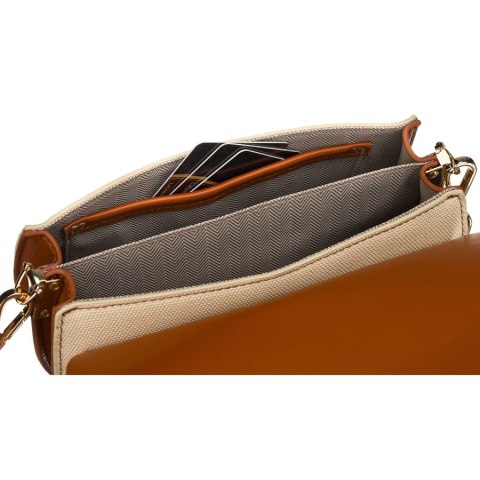 Mała torebka damska w kształcie podkówki w kolorach ecru i brązowym, zamykana klipsem magnetycznym - Peterson