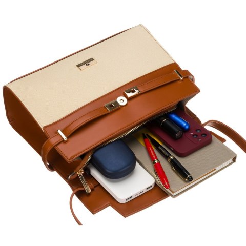 Torebka damska w kolorach ecru i brązowym, zamykana suwakiem i magnesem - Peterson