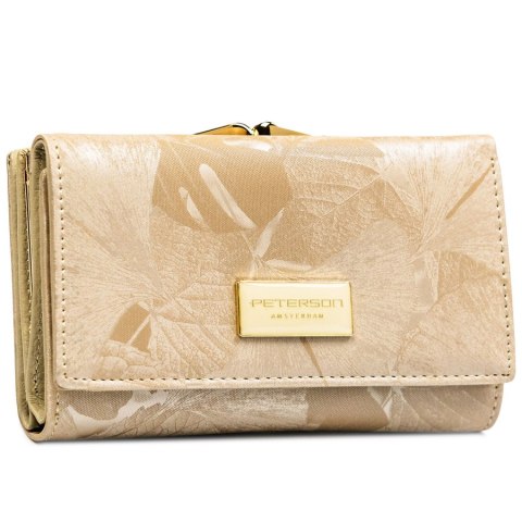 Beżowy portfel damski ze skóry naturalnej i ekologicznej w roślinny wzór, zamykany na bigiel i zatrzask - Peterson