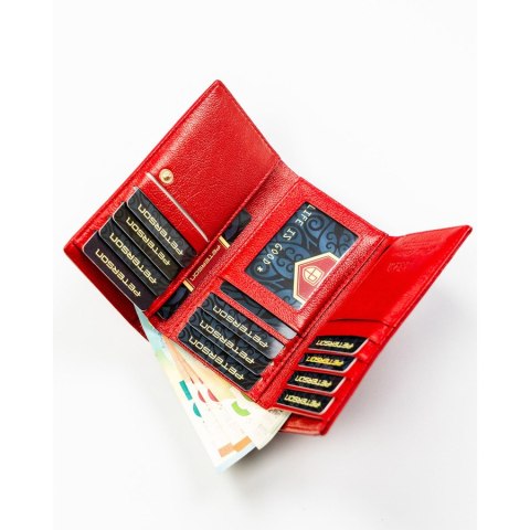 Poziomy, czerwony portfel damski ze skóry naturalnej i ekologicznej w roślinny wzór - Peterson