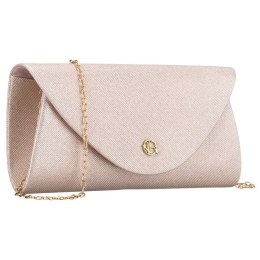 Beżowa, brokatowa kopertówka damska wykonana z tkaniny syntetycznej, zapinana klipsem magnetycznym - Rovicky