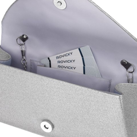 Brokatowa kopertówka damska wykonana z tkaniny syntetycznej w srebrnym kolorze - Rovicky