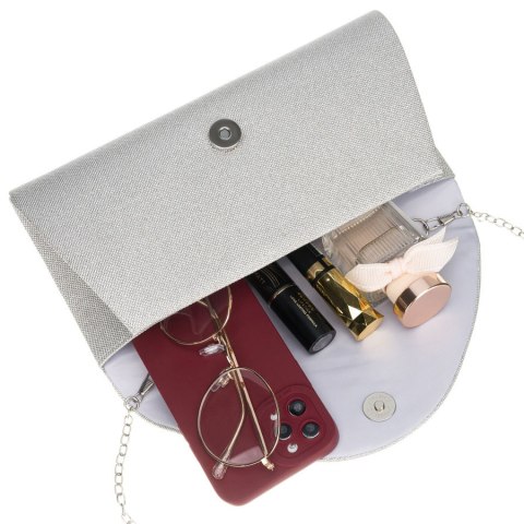 Brokatowa kopertówka damska wykonana z tkaniny syntetycznej w srebrnym kolorze - Rovicky