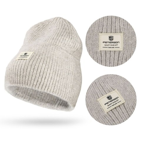 Szara, zimowa czapka damska beanie z logo marki - Peterson Szara, zimowa czapka damska beanie z logo marki - Peterson