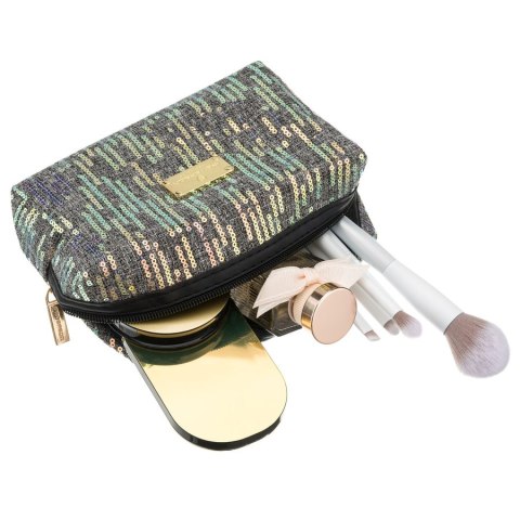 Czarna kosmetyczka z poliestru ozdobiona cekinami, zamykana suwakiem - Peterson