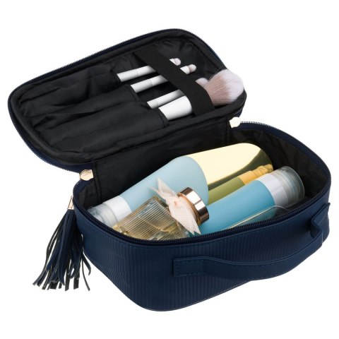 Granatowa kosmetyczka z tkaniny syntetycznej wyposażona w cztery przegródki, jednokomorowa - Peterson