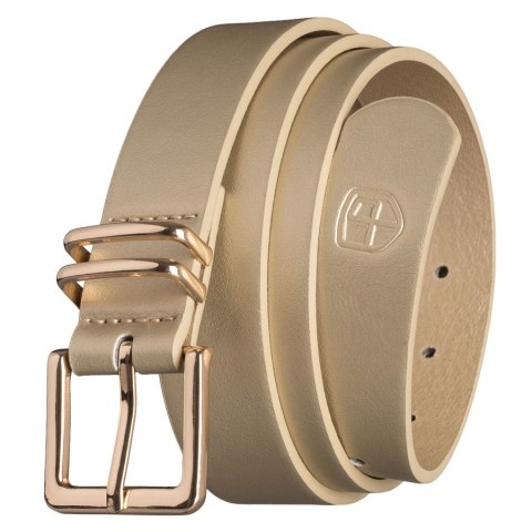 Beżowy, wąski pasek damski ze skóry ekologicznej ze złotą klamrą - Peterson