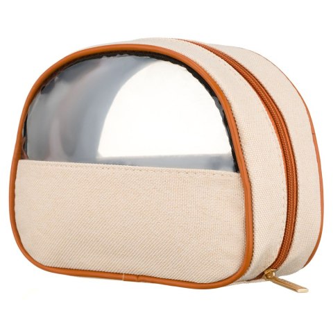 Beżowo-brązowa kosmetyczka z tkaniny syntetycznej z przezroczystym panelem, zamykana suwakiem - Peterson