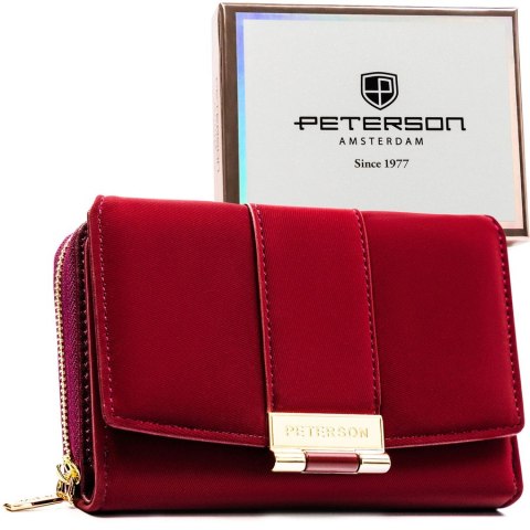 Bordowy portfel damski wykonany ze skóry ekologicznej, zamykany zatrzaskiem - Peterson