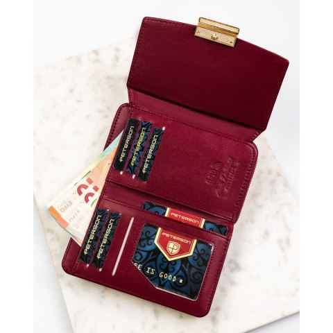 Bordowy portfel damski wykonany ze skóry ekologicznej, zamykany zatrzaskiem - Peterson