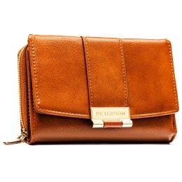 Brązowy portfel damski wykonany ze skóry ekologicznej i zamykany na zatrzask - Peterson